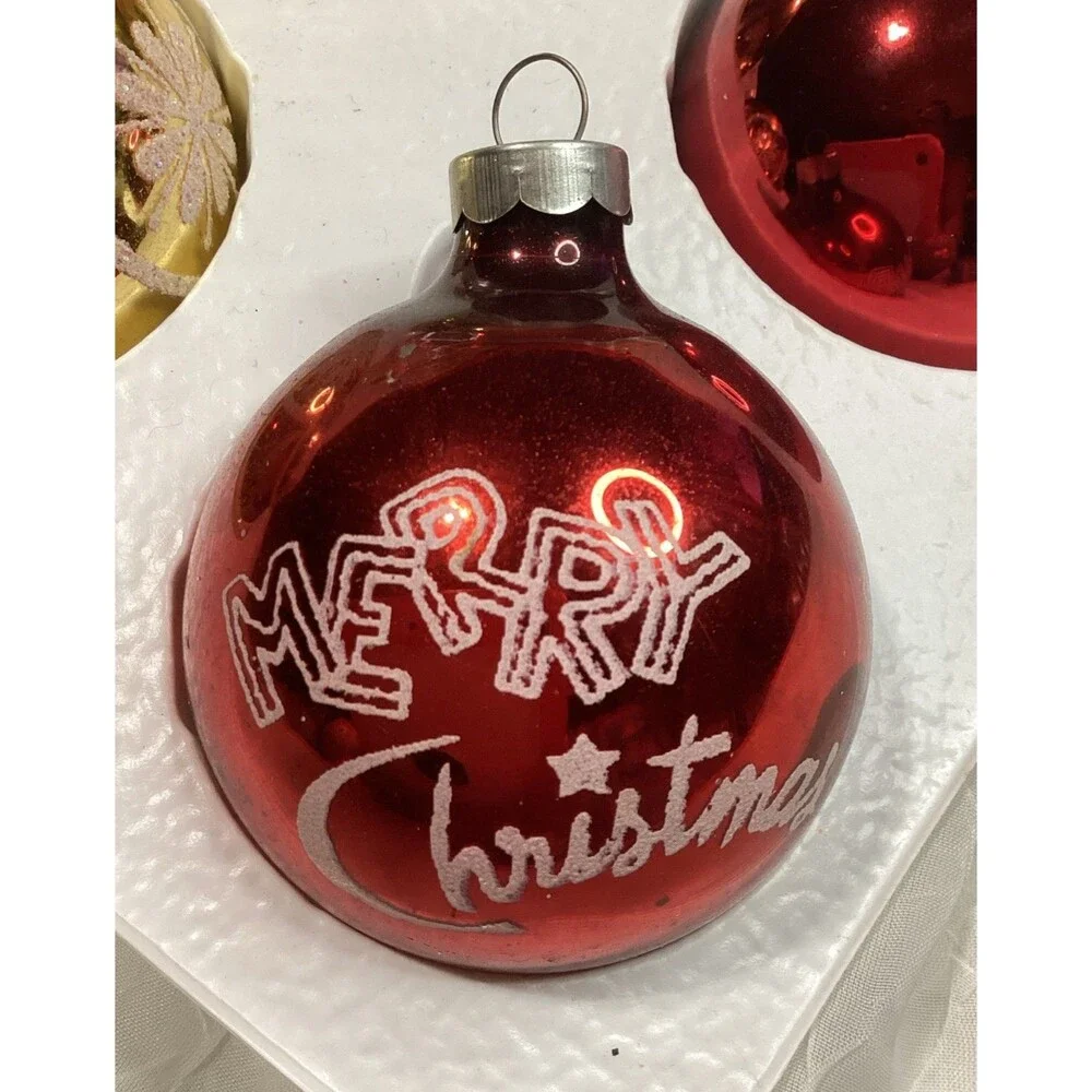 Vintage Mercury Glass Glitter Merry Christmas Ornaments Stenciled 1950s Pyramid